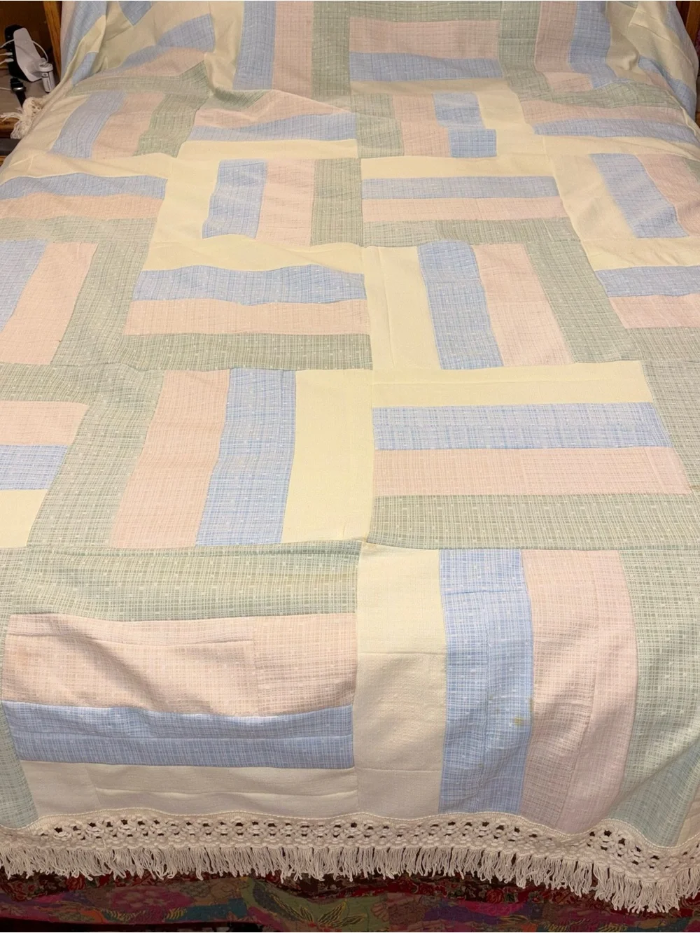 Pastel Patchwork Crochet-Trim Bedspread - White, Blue, Pink, Green